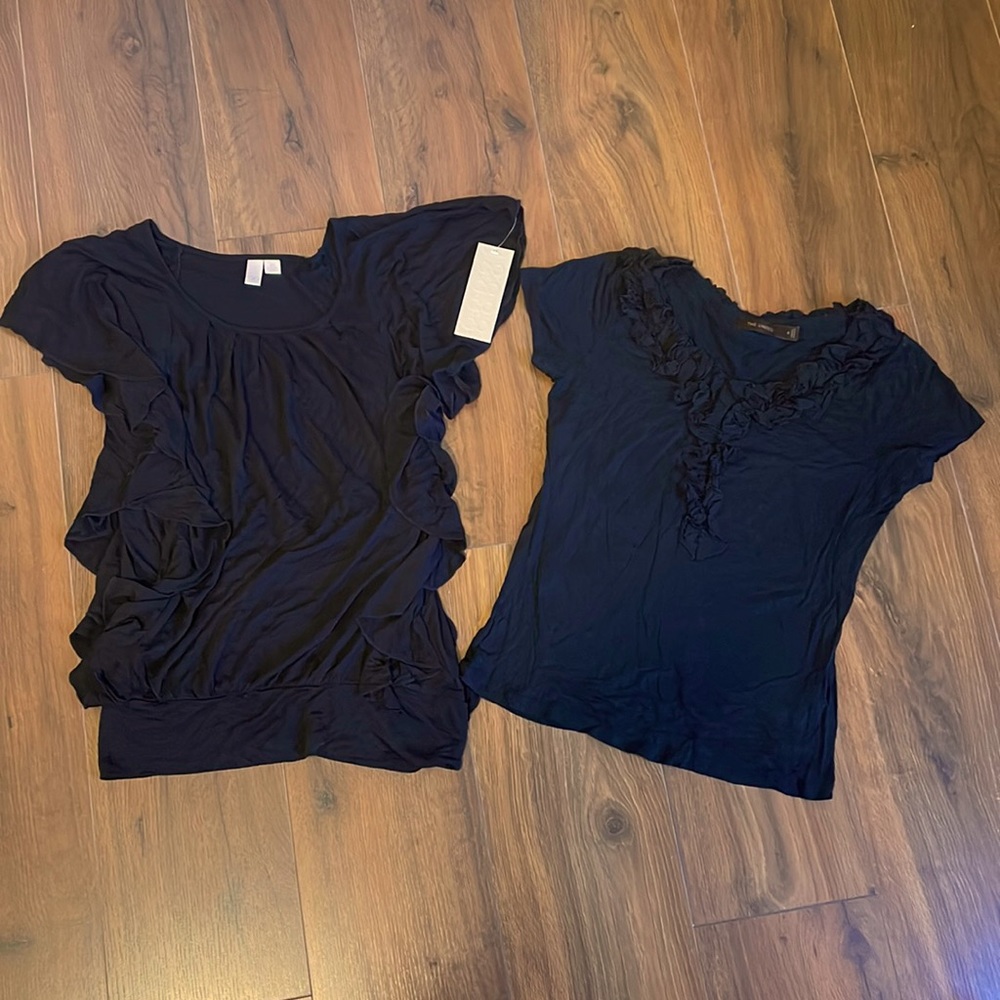 Two black tees with dressy detail. XS and Small size